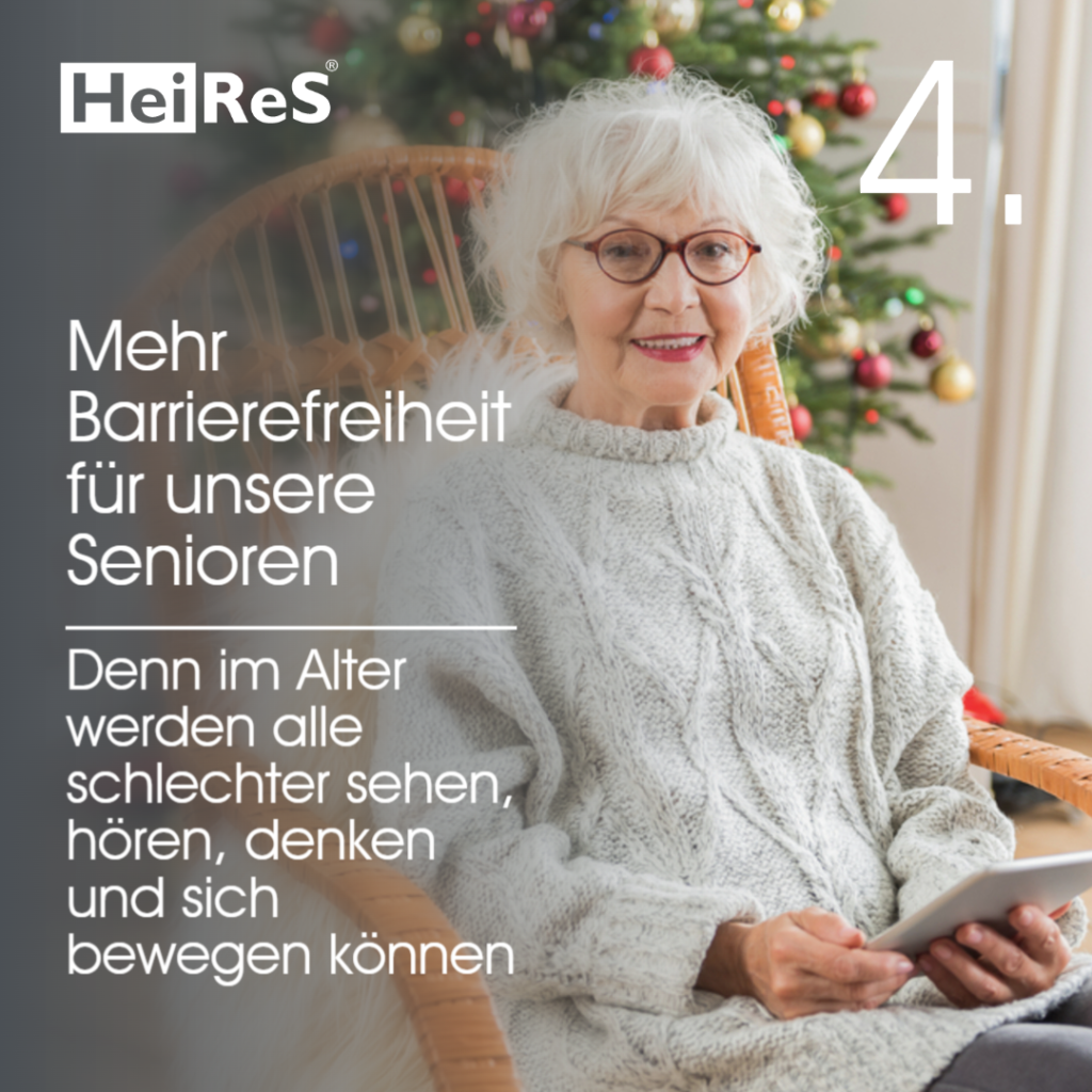 04. Dezember - Eine rüstige ältere Dame sitzt mit Tablet vor einem Weihnachtsbaum. "Mehr Barrierefreiheit für unsere Senioren. Denn im Alter werden alle schlechter sehen, hören, denken und sich bewegen können."