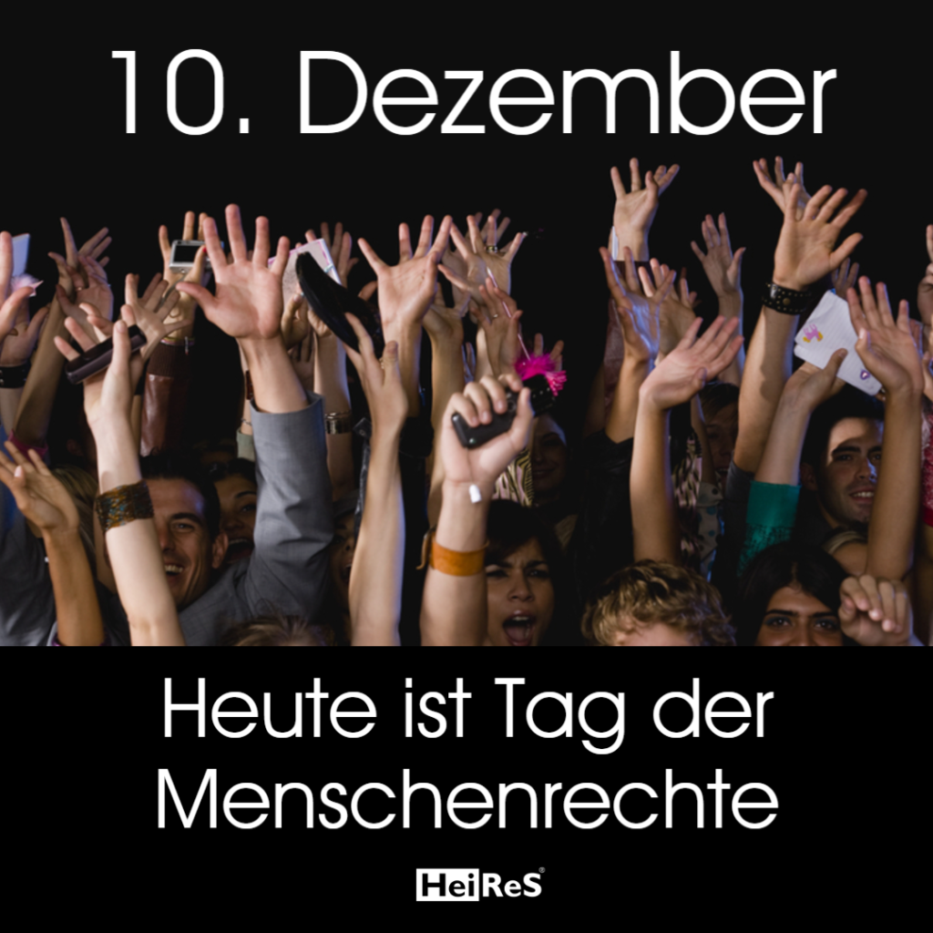 10. Dezember - Viele Hände mit Moilfunkgeäten die sich in die Luft strecken. "Heute ist Tag der Menschenrechte"