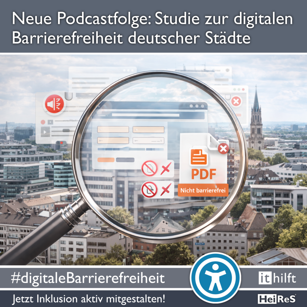 Neue Podcastfolge: Studie zur digitalen Barrierefreiheit deutscher Städte Stadt aus der Vogelperspektive davor schwebt eine große Lupe welche digitale Komponenten vergrößert zum Beispiel PDFs