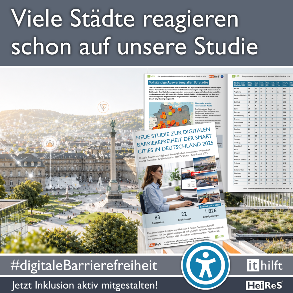 Viele Städte reagieren schon auf unsere Studie zur Barrierefreiheit. Stuttgart Städtebild. Studie Deutscher Smart Cities liegt im Vordergrund darüber.