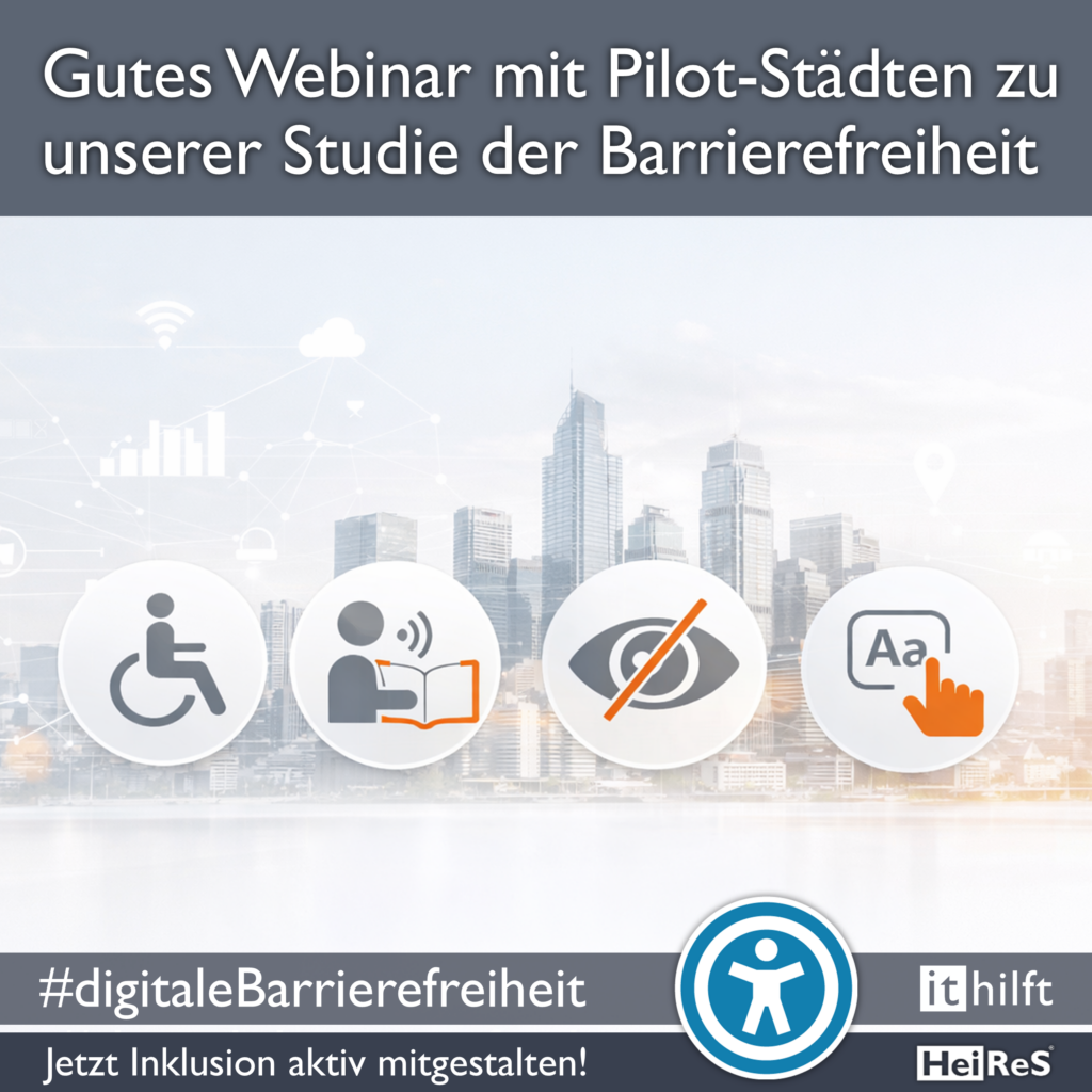 Gutes Webinar mit Pilot-Städten zu unserer Studie der Barrierefreiheit Barrierefreiheits Icons vor einer Städtesilhuette