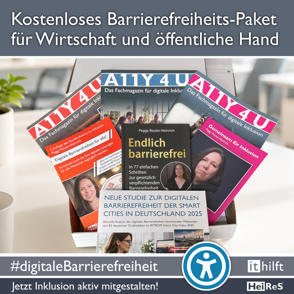 Kostenloses Informationspaket zur digitalen Barrierefreiheit mit Fachmagazinen, Studie und dem Buch „Endlich barrierefrei“ für Unternehmen und öffentliche Einrichtungen.